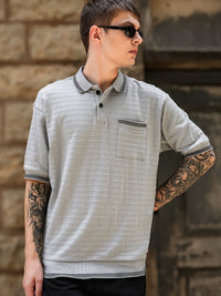 Eszett Fabric Grey Polo Shirt Self Design Textured Cotton Collar Oversized Fit T-shirt