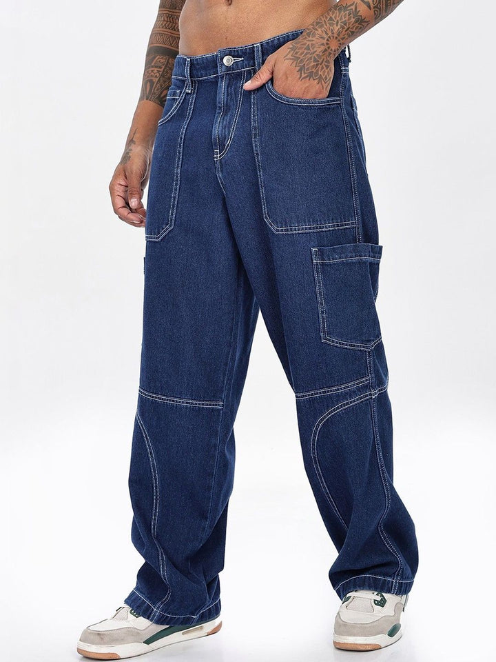 Eszett Lelaki Blue Baggy Fit Mid-Rise Gaya Kargo Jeans