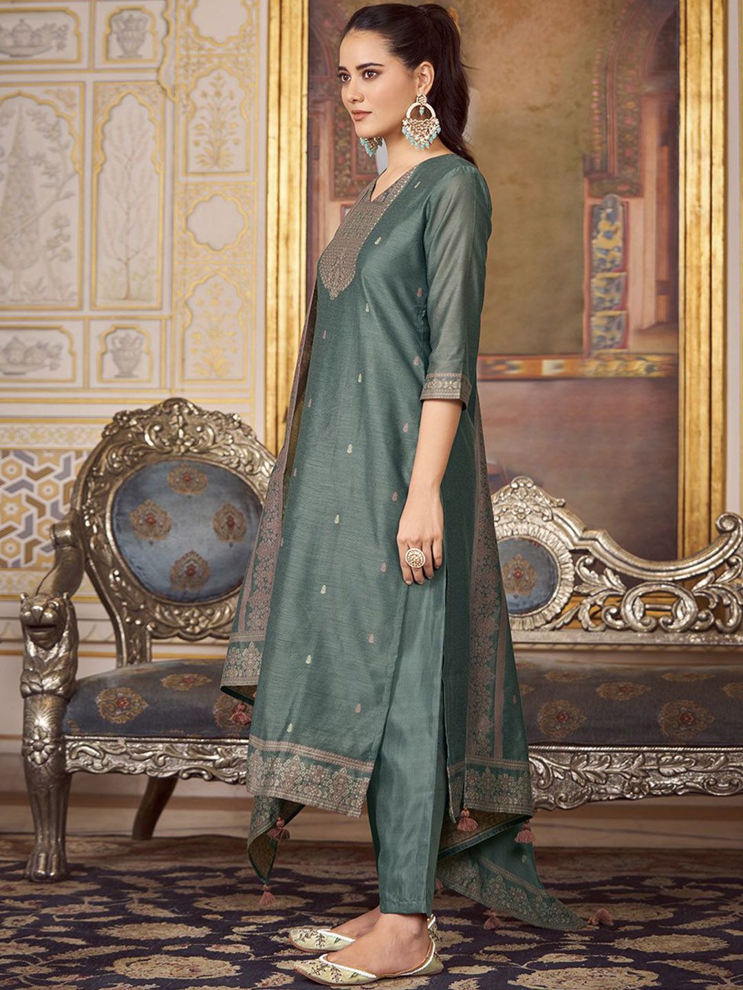 KALINI Women Woven Straight Silk Blend Kurta with Trousers & With Dupatta