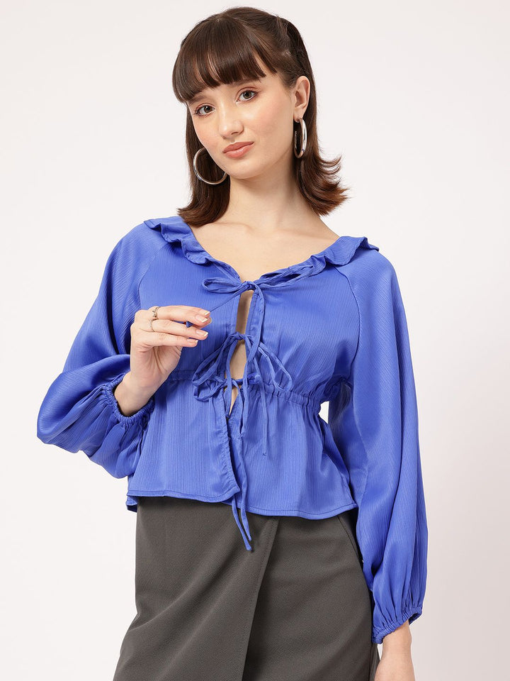DressBerry Whimsy & Wow Ruffles Detail Tie-Up Front Cinched-Waist Top
