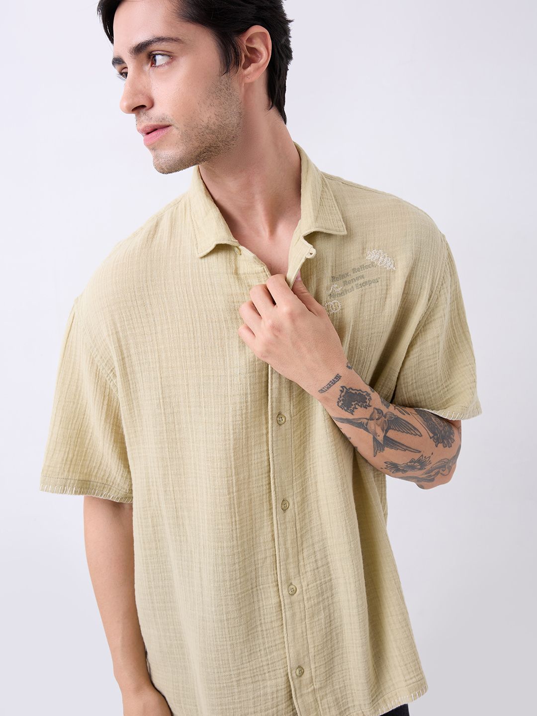 SPYKAR Men Relaxed Fit Cuban Collar Textured Cotton Casual Shirt