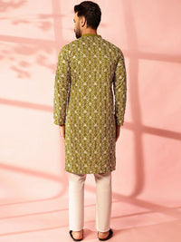 Anouk Floral Embroidered Mandarin Collar Thread Work Cotton Straight Kurta