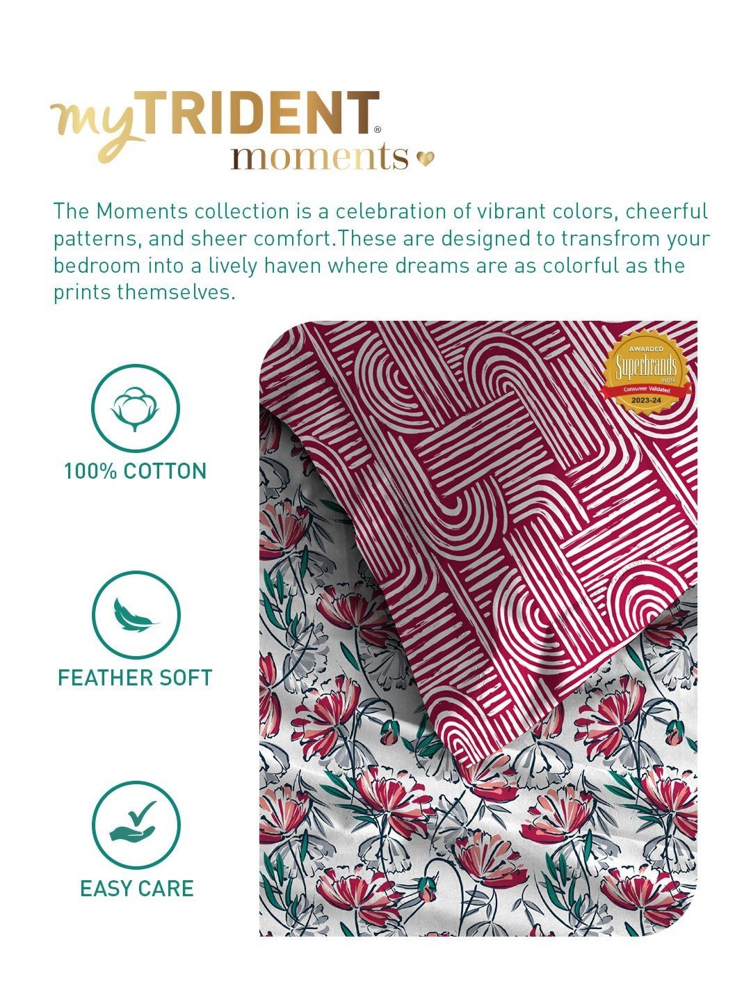 MYTRIDENT Ivy Pink Moments Flat 120TC Queen Pure Cotton 1 Bedsheet with 2 Pillow Covers