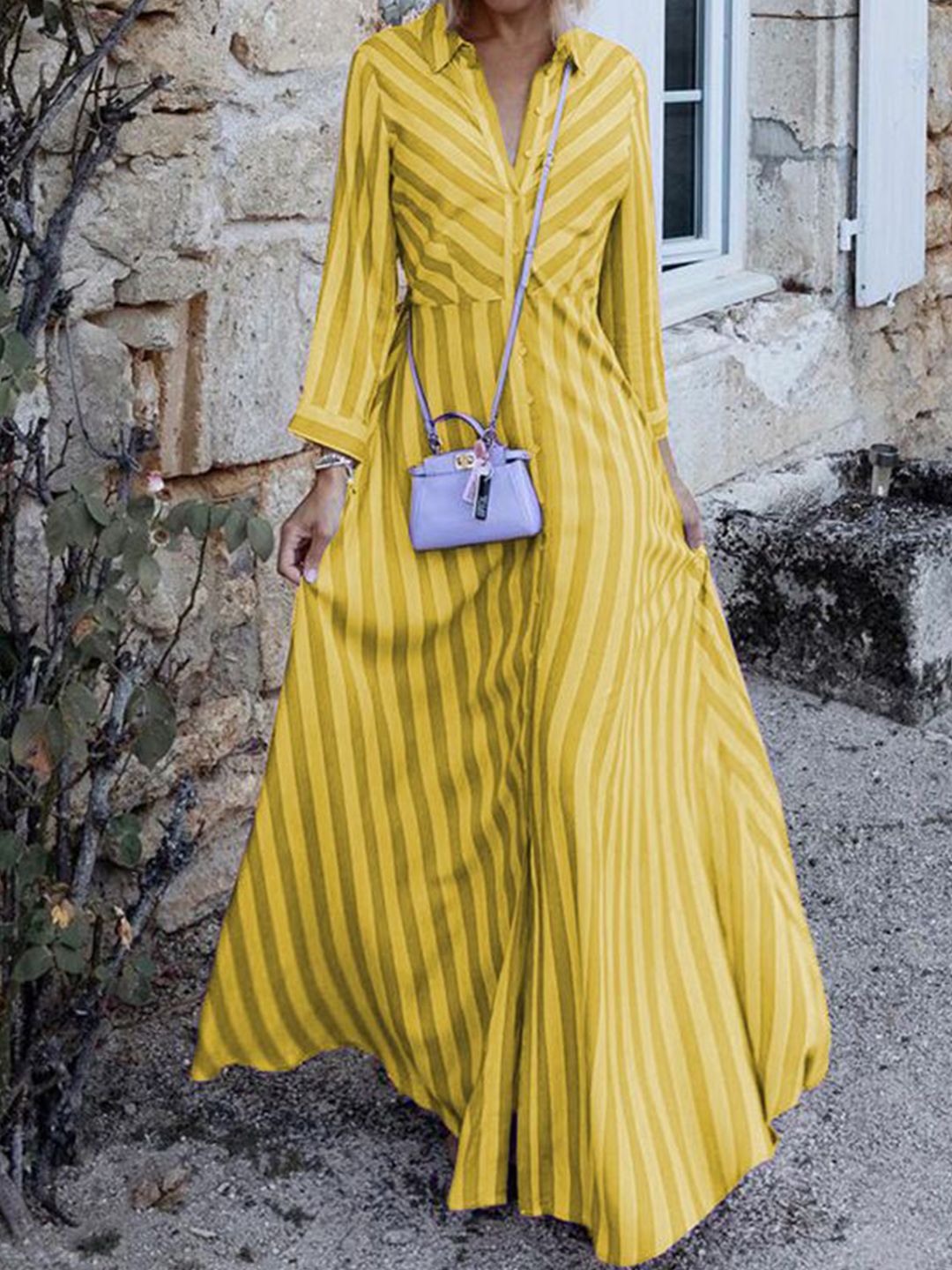 all about you Stripeed Shirt Collar Maxi Dress