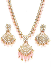 KARATCART Gold-Plated Pink & White Kundan Studded & Beaded Handcrafted Jewellery Set