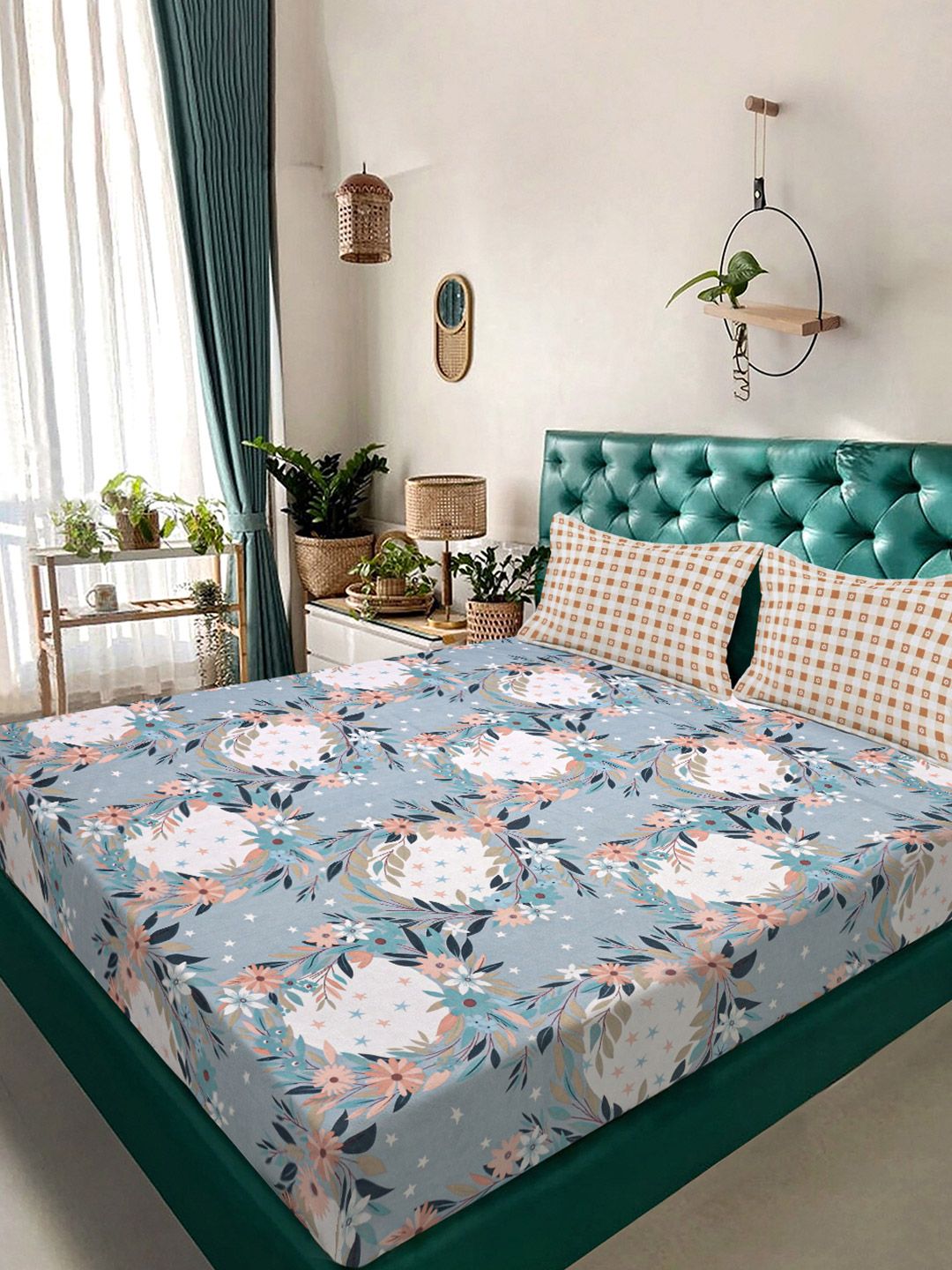 Aura Blue & White Floral Printed Set Cadar King 300 TC 2.5 x 2.25 m