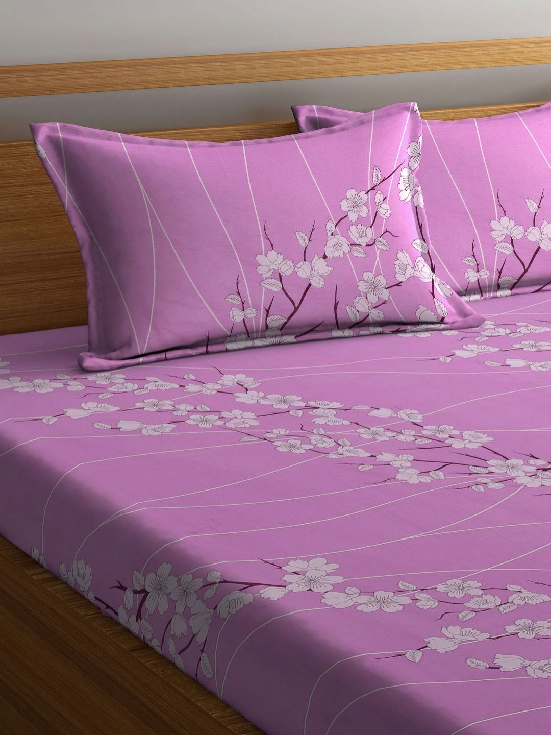 Myntra Elegant Homes Mauve Floral Pure Cotton 400 TC Fitted King Superfine Bedsheet with 2 Pillow Covers-98 x 89 inches
