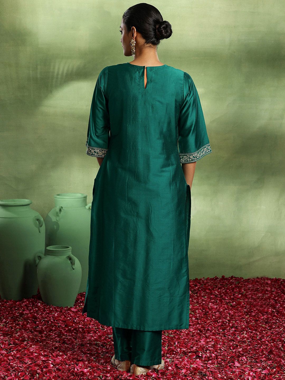Gerua By Libas Floral Yoke Design Pleated Sequinned Kurta with Trouser