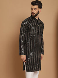 Anouk Kolar Jalur Hitam Berjalur Berlabuci Terperinci Kapas Kurta Lurus