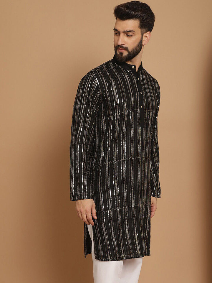 Anouk Black Striped Band Collar Sequinned Detailed Cotton Straight Kurta
