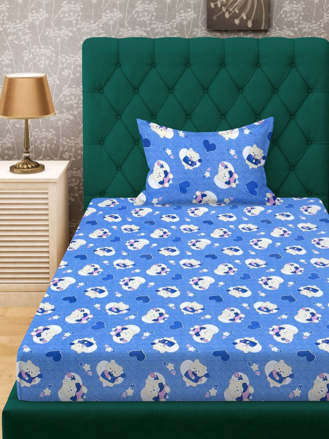 Myntra Elegant Homes Blue Printed Cotton 400 TC Fitted Single Bedsheet Set-2.25mX1.50m