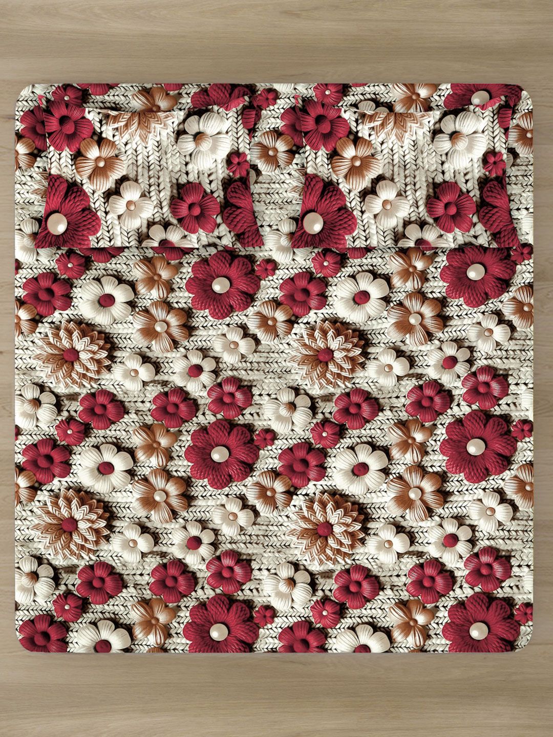 KLOTTHE Beige & Maroon Floral Printed 300 TC King Double 7D Bedsheet With 2 Pillow Cover