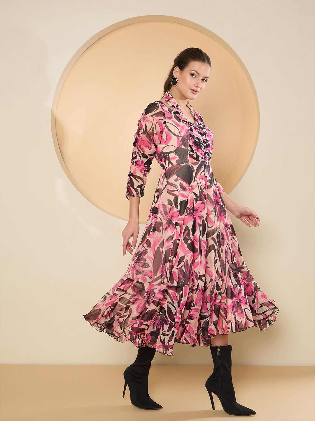 Antheaa Floral Print Halter Neck Chiffon Fit & Flare Midi Dress