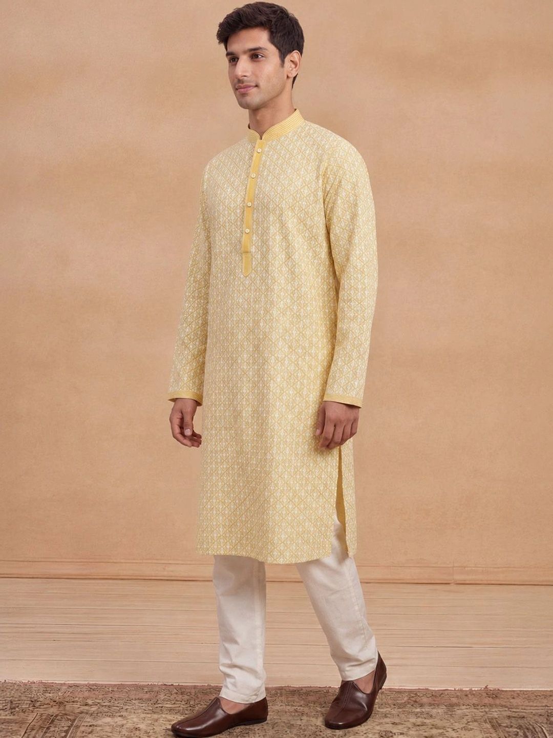 House of Chikankari Men Woven Design Mandarin Collar Cotton Kurta