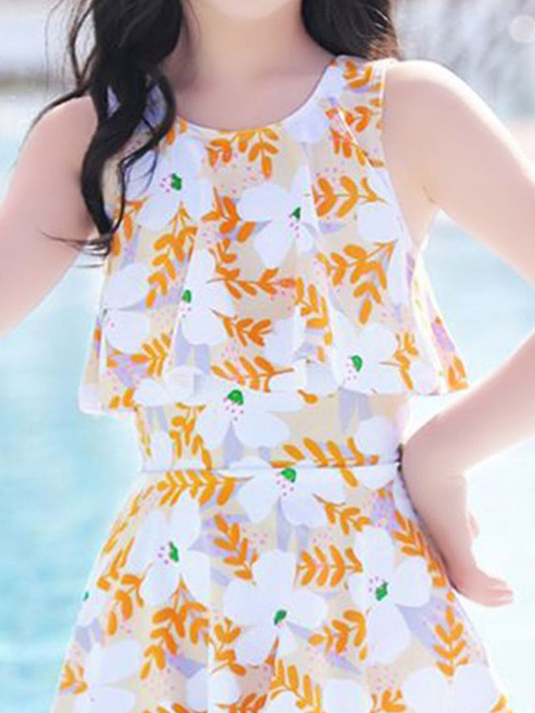 YK Girls Floral Printed Round Neck Swim Dress