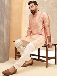 Anouk Peach Motif Etnik Tenunan Rekaan Jalur Kolar Jacquard Kurta Lurus