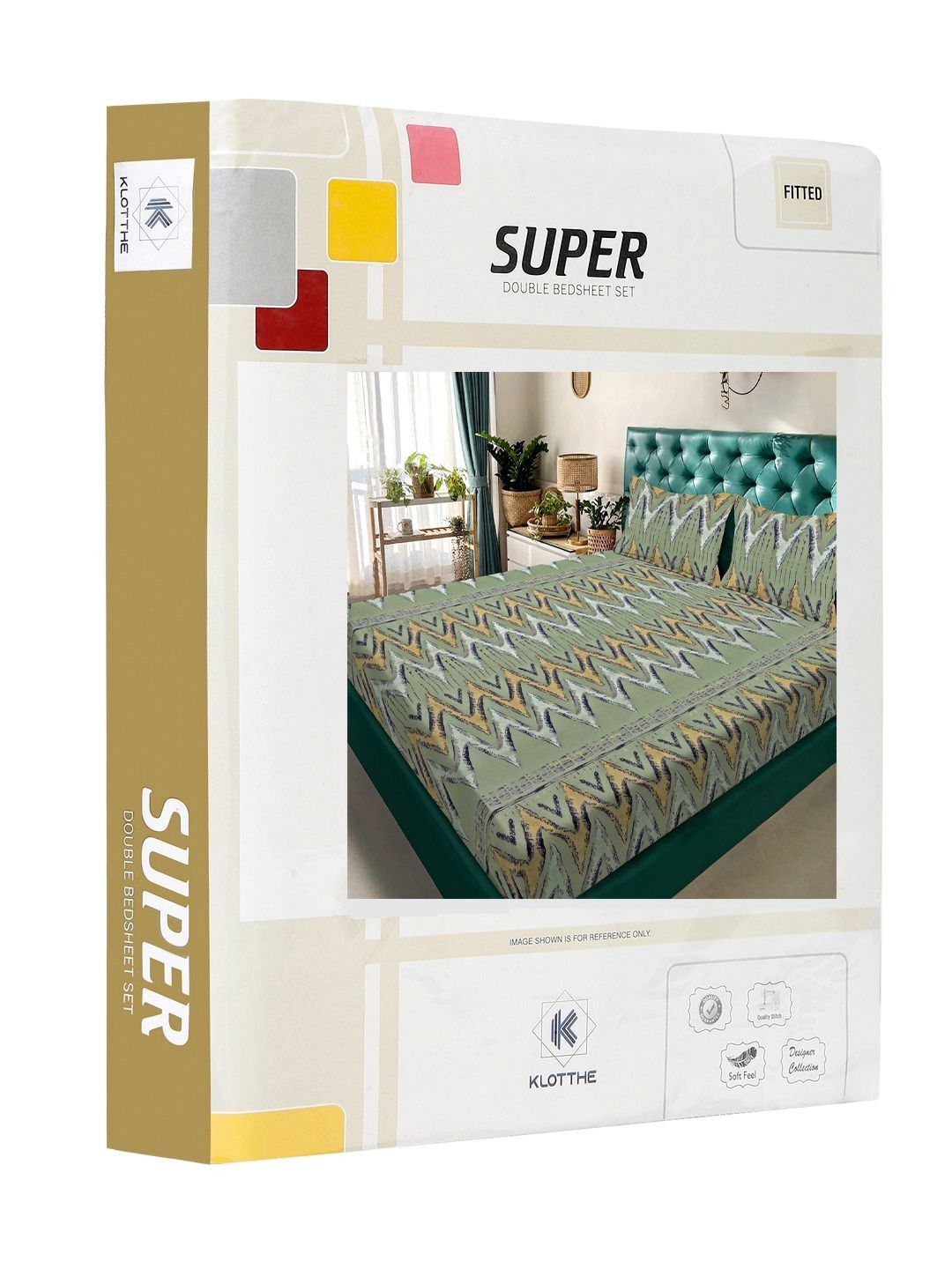 KLOTTHE Hijau Kapas Geometrik 300 TC Dilengkapi Cadar King Halus dengan 2 Sarung Bantal-250 x 225 cm