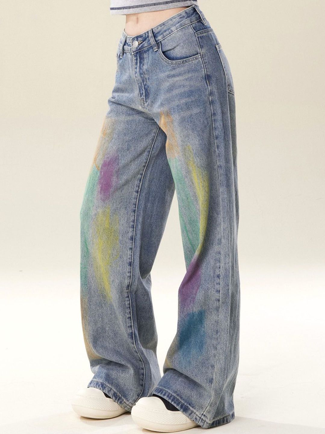 DressBerry Women Wide Leg Heavy Fade Mid-Rise Jeans