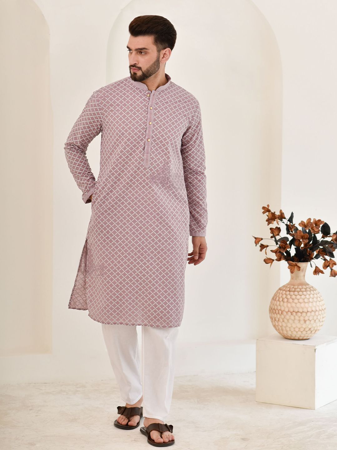 House of Chikankari Men Blue Cotton Embroidered Kurta