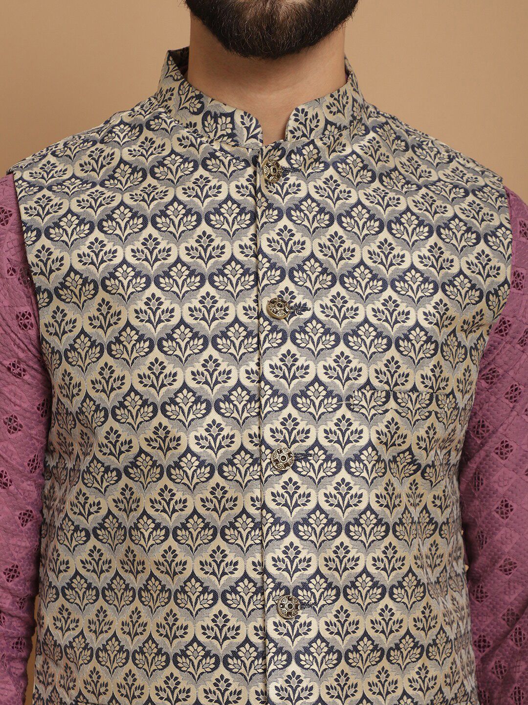Anouk Geometic Embroidered Kurta With Churidar & Woven Design Nehru Jacket