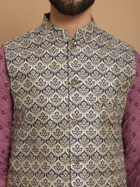 Anouk Geometic Embroidered Kurta With Churidar & Woven Design Nehru Jacket