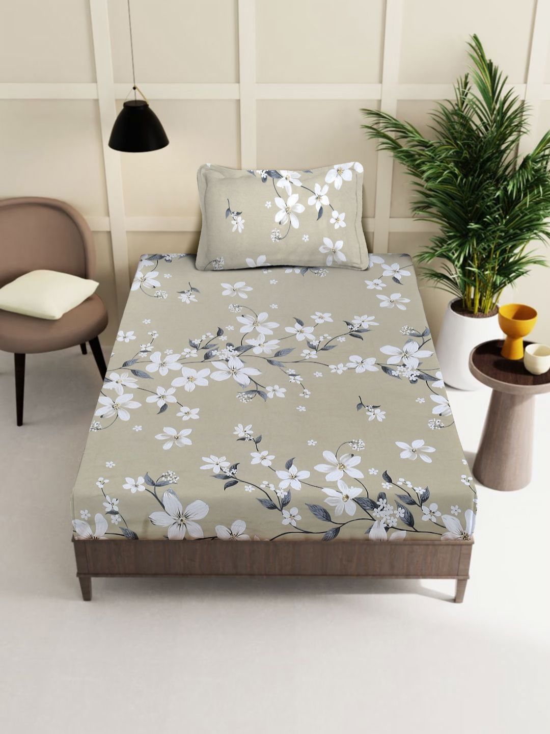 Myntra Elegant Homes Beige & White Floral 400 TC Single Bedsheet with 1 Pillow Covers