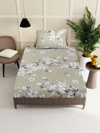 Myntra Elegant Homes Beige & White Floral 400 TC Single Bedsheet with 1 Pillow Covers