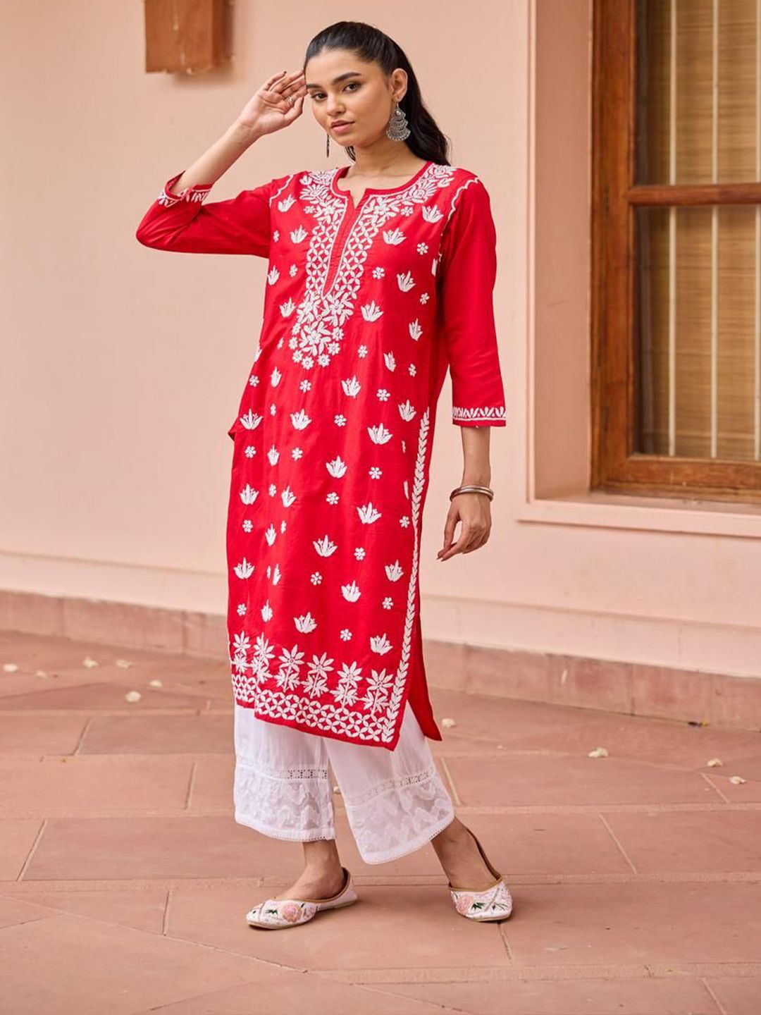Rumah Chikankari Wanita Red Cotton Chikankari Sulam Kurta