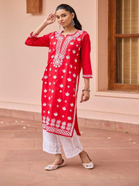 Rumah Chikankari Wanita Red Cotton Chikankari Sulam Kurta