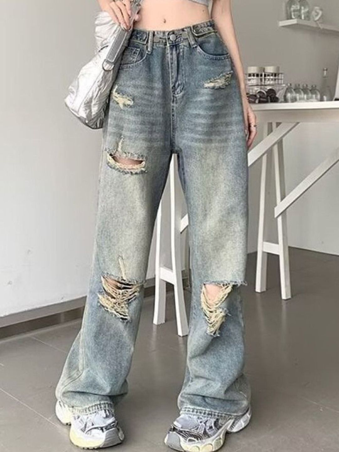 DressBerry Women Wide Leg Highly Distressed Heavy Fade Cotton Jeans