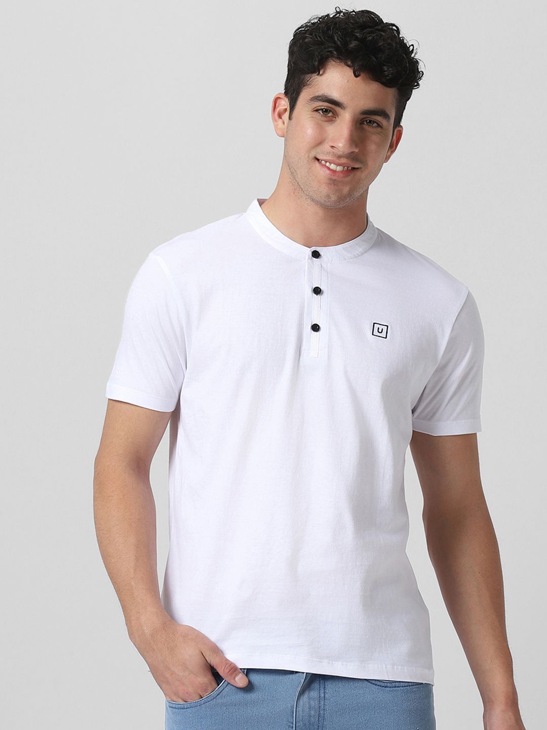 Urbano Fashion Men White Solid Mandarin Collar Pure Cotton T-shirt