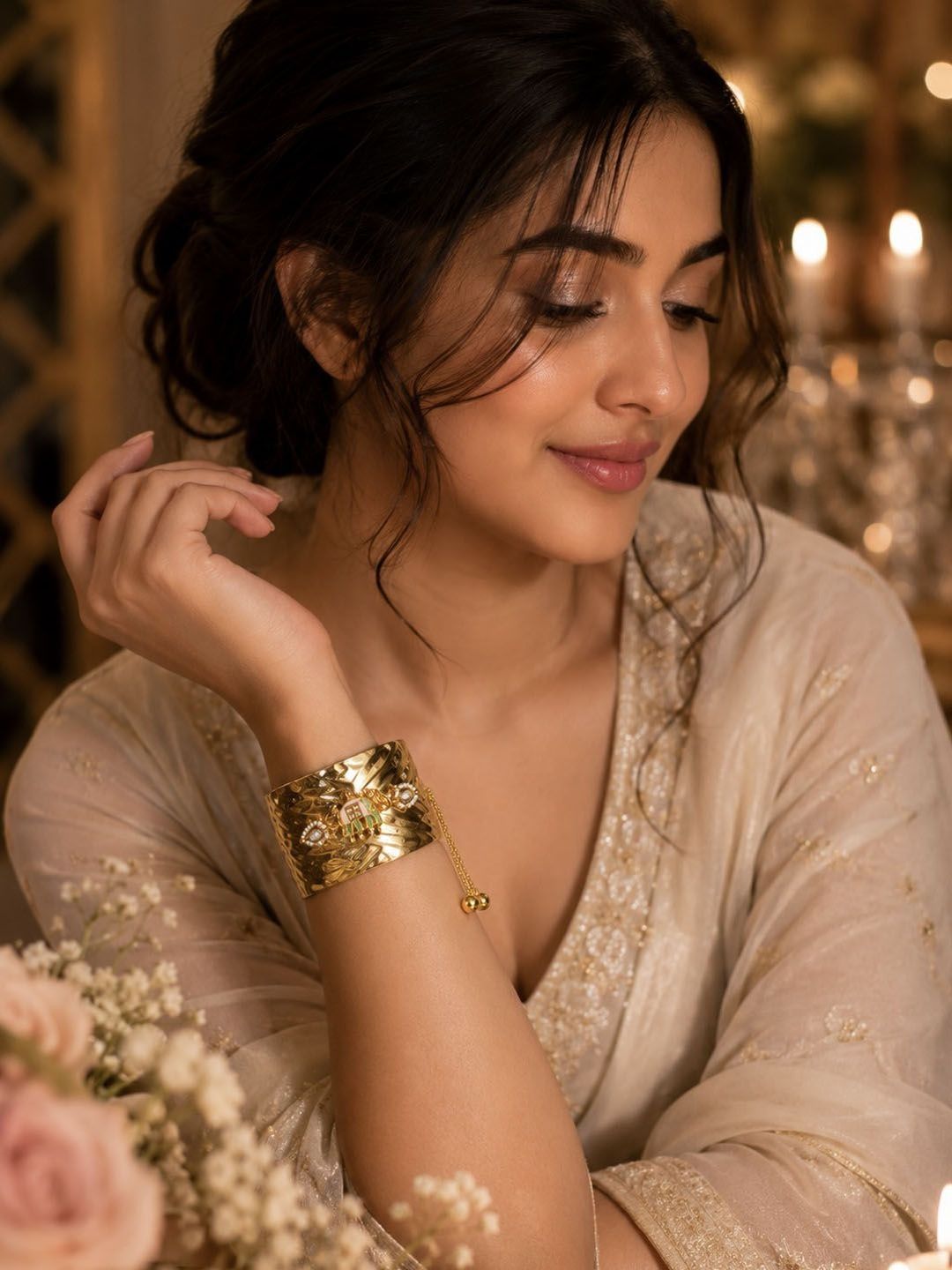 PANASH Gold-Plated Artificial Stones Studded Cuff Bracelet