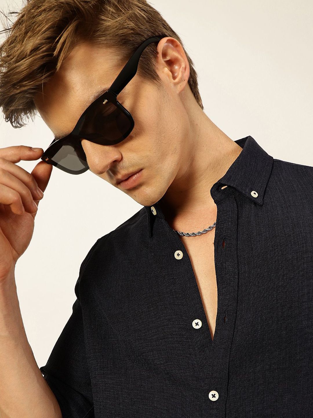 Thomas Scott Men Premium Button-Down Collar Solid Linen Casual Shirt