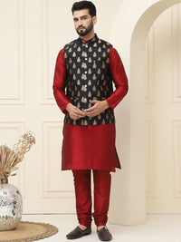SOJANYA Mandarin Collar Silk Cotton Straight Kurta with Churidar & Nehru jacket
