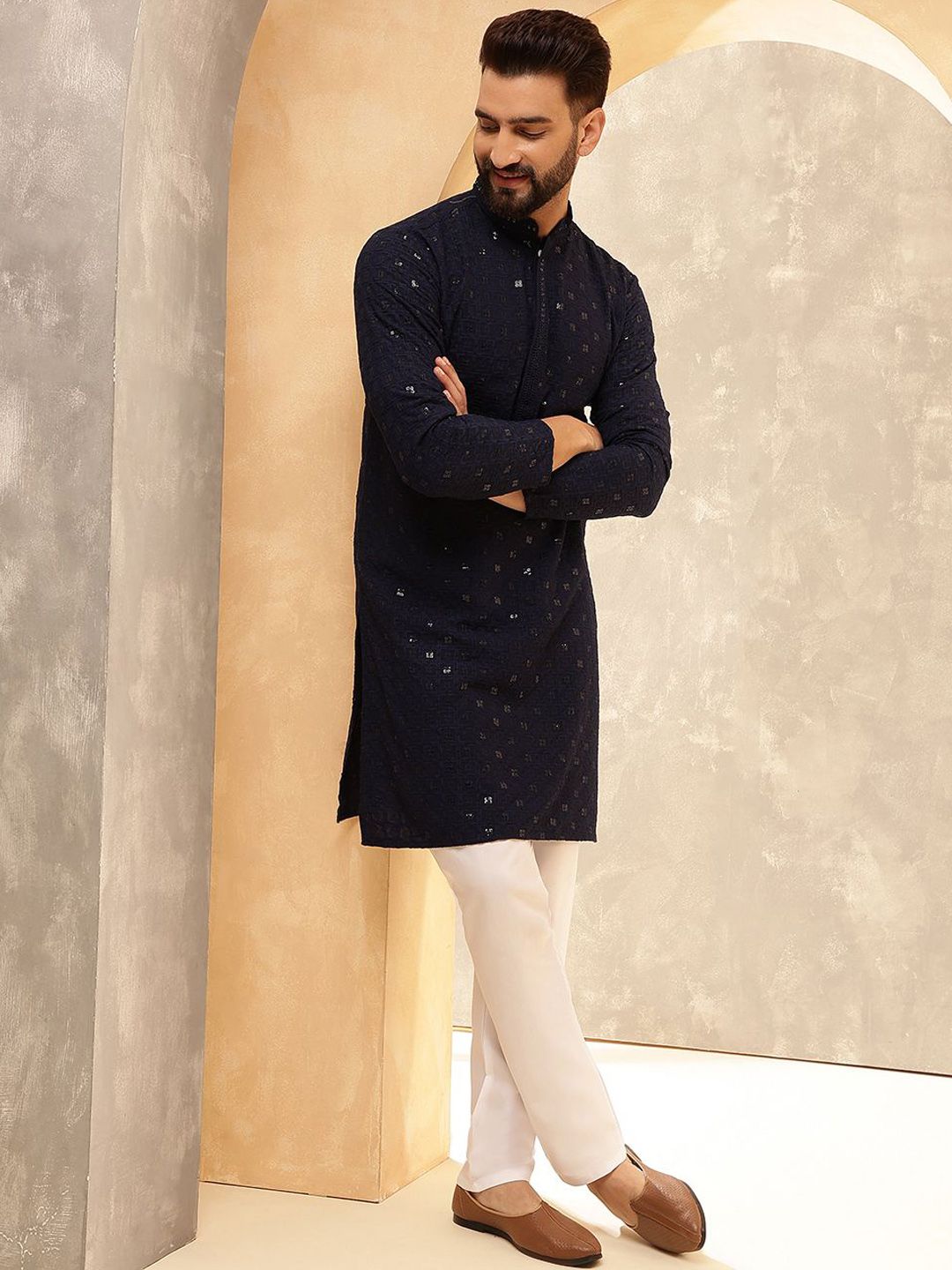 Anouk Navy Blue Floral Embroidered Mandarin Collar Sequins Straight Kurta