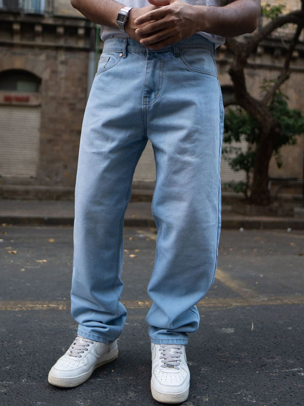 Powerlook Men Sky Blue Baggy Fit Pure Cotton Denim Jeans