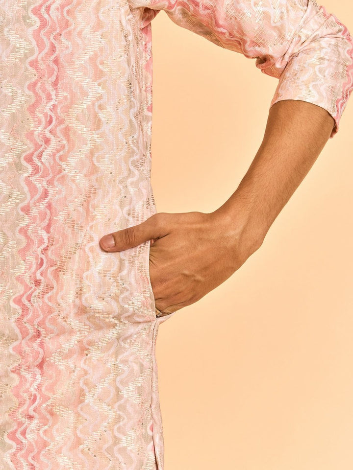 Diwas by Manyavar Geometric Printed Sequinned Mandarin Collar Cotton Straight Kurta