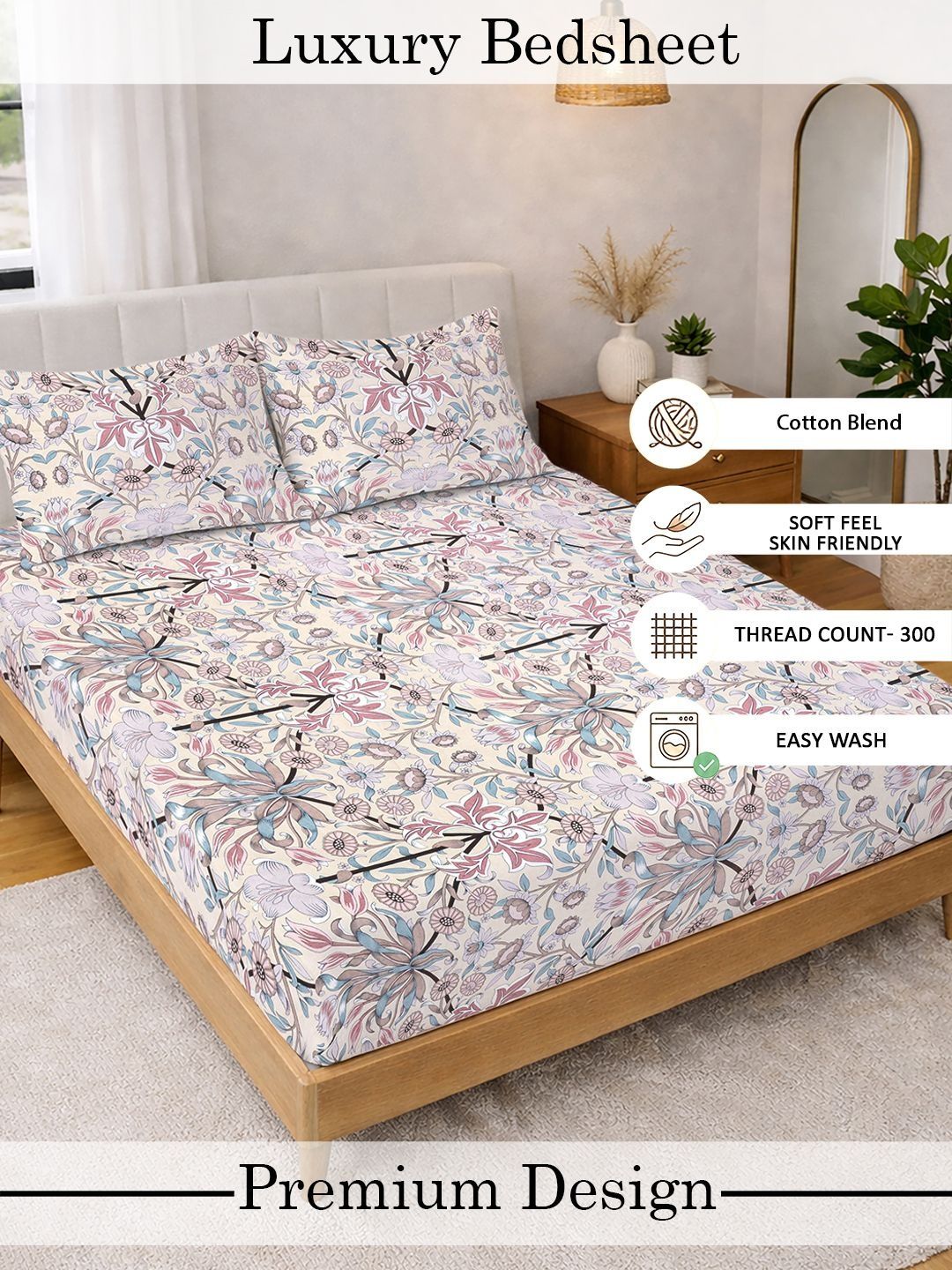 Myntra Elegant Homes Pink Floral 300 TC Super King Double Bedsheet dengan 2 Sarung Bantal