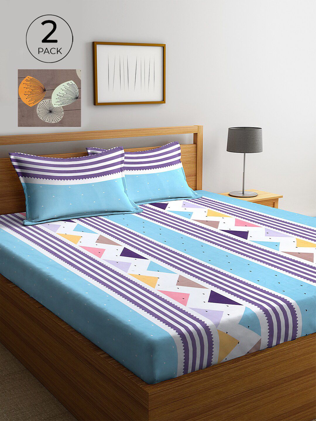 KLOTTHE Multicoloured Geometric Cotton 300 TC King Fine 2 Bedsheet with 4 Pillow Covers-98 x 85 inches