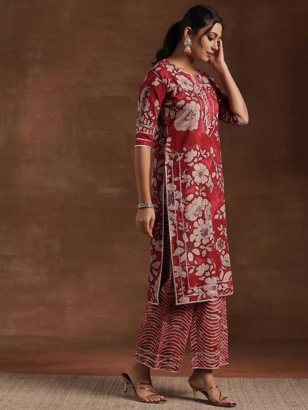 Libas Floral Printed Gotta Patti Pure Cotton Straight Kurta With Palazzo & Dupatta