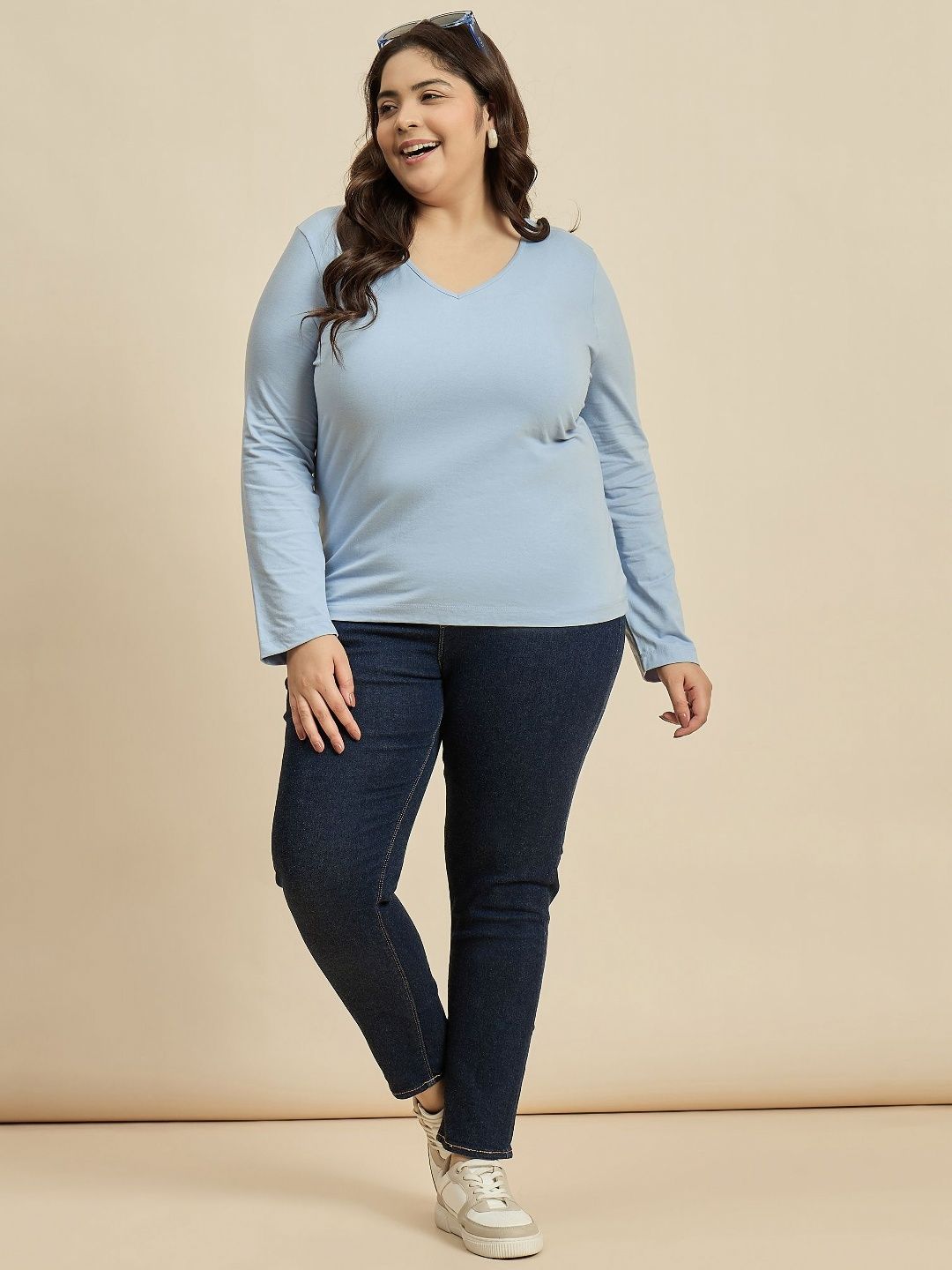 CURVY STREET Solid V-Neck Pure Cotton Plus Size T-shirt