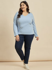 CURVY STREET Solid V-Neck Pure Cotton Plus Size T-shirt