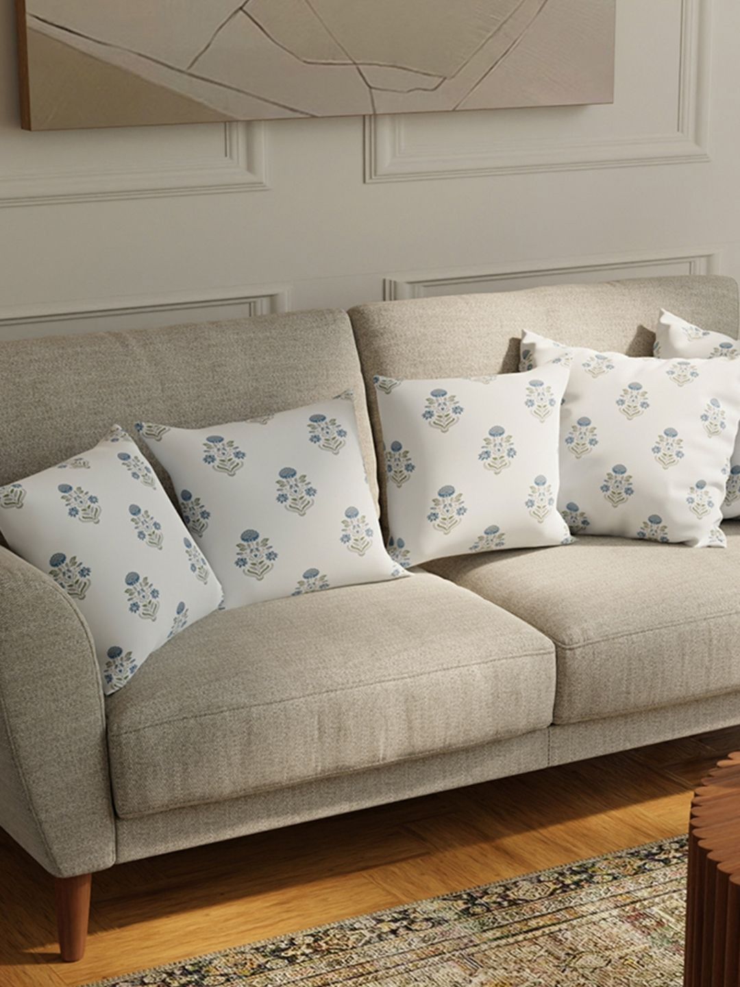 URBAN SPACE Blue & Cream-Coloured 5 Pieces Floral Printed Cotton Square Cushion Covers