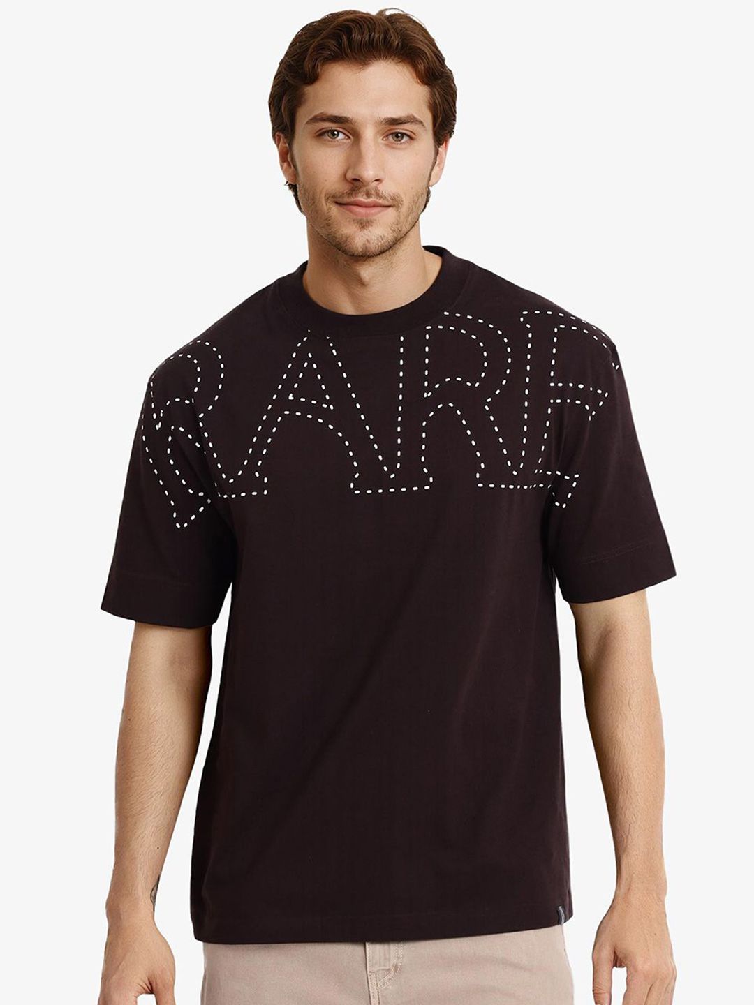 RARE RABBIT Men Typography Printed Round Neck Cotton Oversized T-shirt
