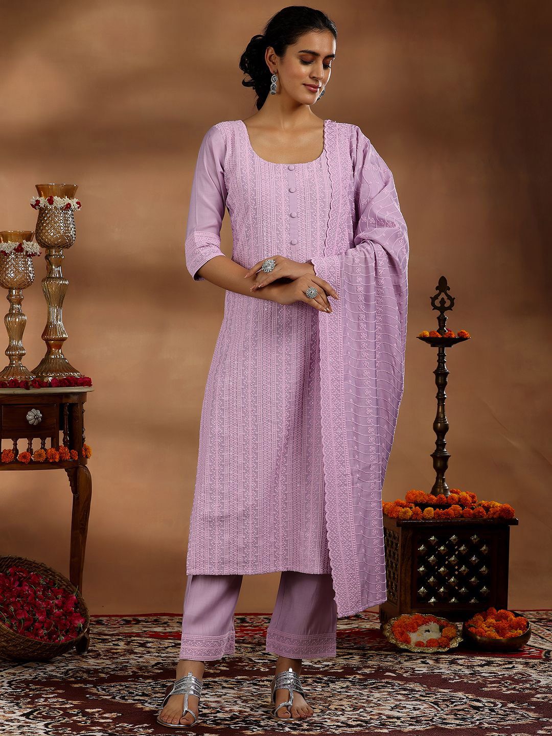 Libas Floral Embroidered Regular Sequinned Kurta with Trousers & Dupatta