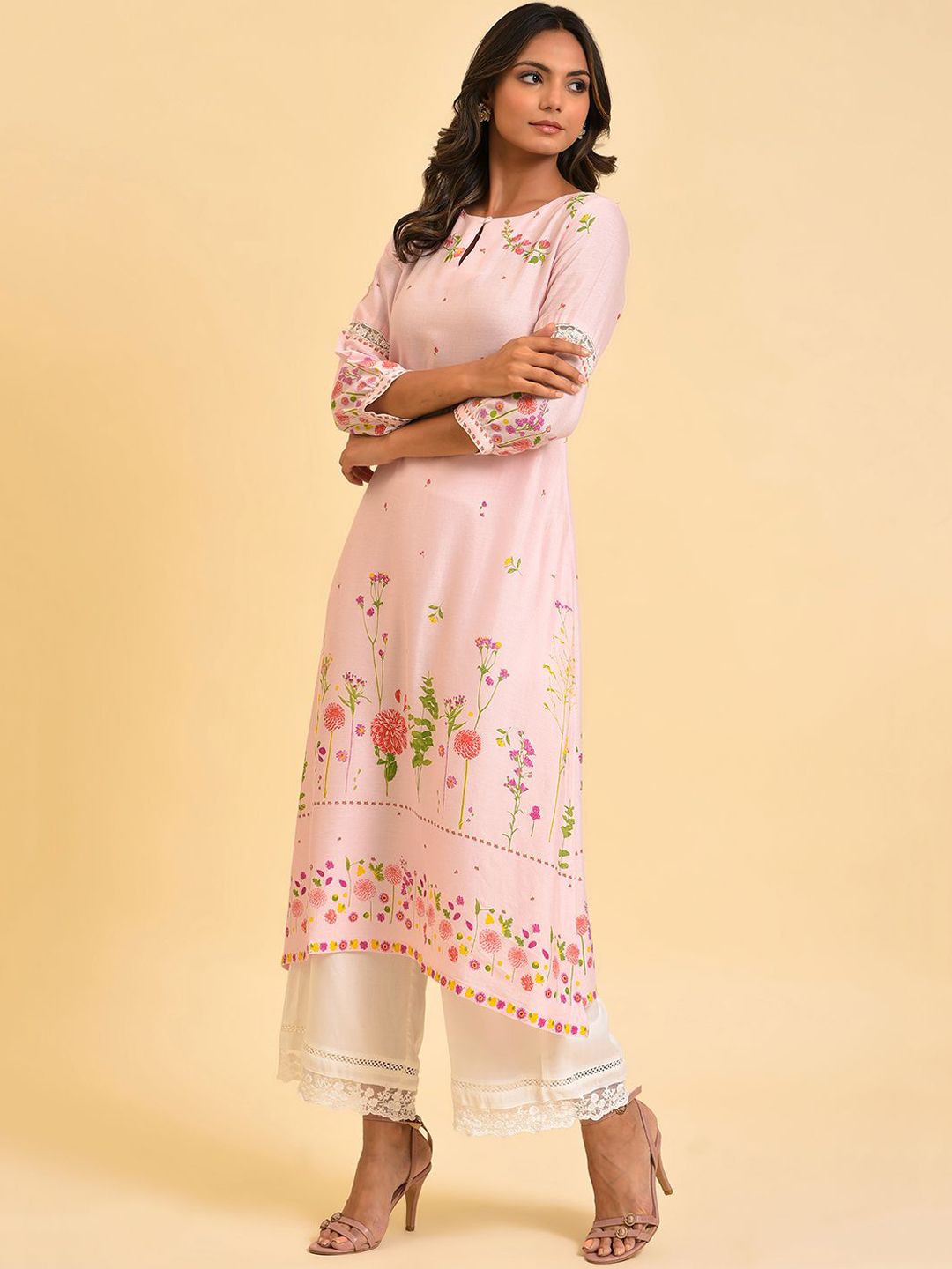 W Floral Printed Keyhole Neck Puff Sleeves Thread Work A-Line Kurta