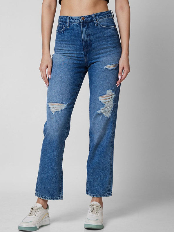 SPYKAR Women Straight Fit High-Rise Mildly Distressed Light Fade Stretchable Jeans