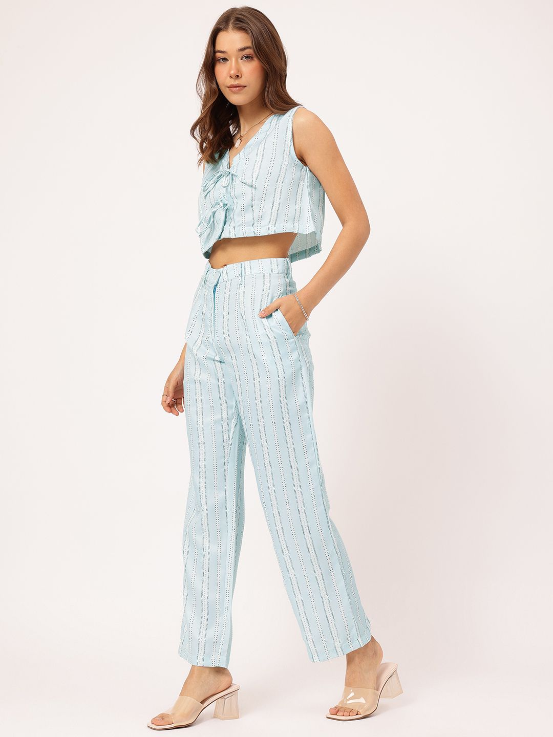 DressBerry Summer Vibes Striped Tie-Up Front Crop Co-Ords