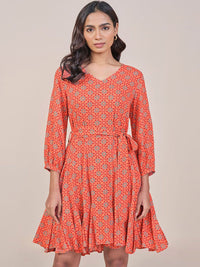 Global Desi  Women Orange Printed A-Line Long Puff Sleeves V Neck Ethnic Dresses