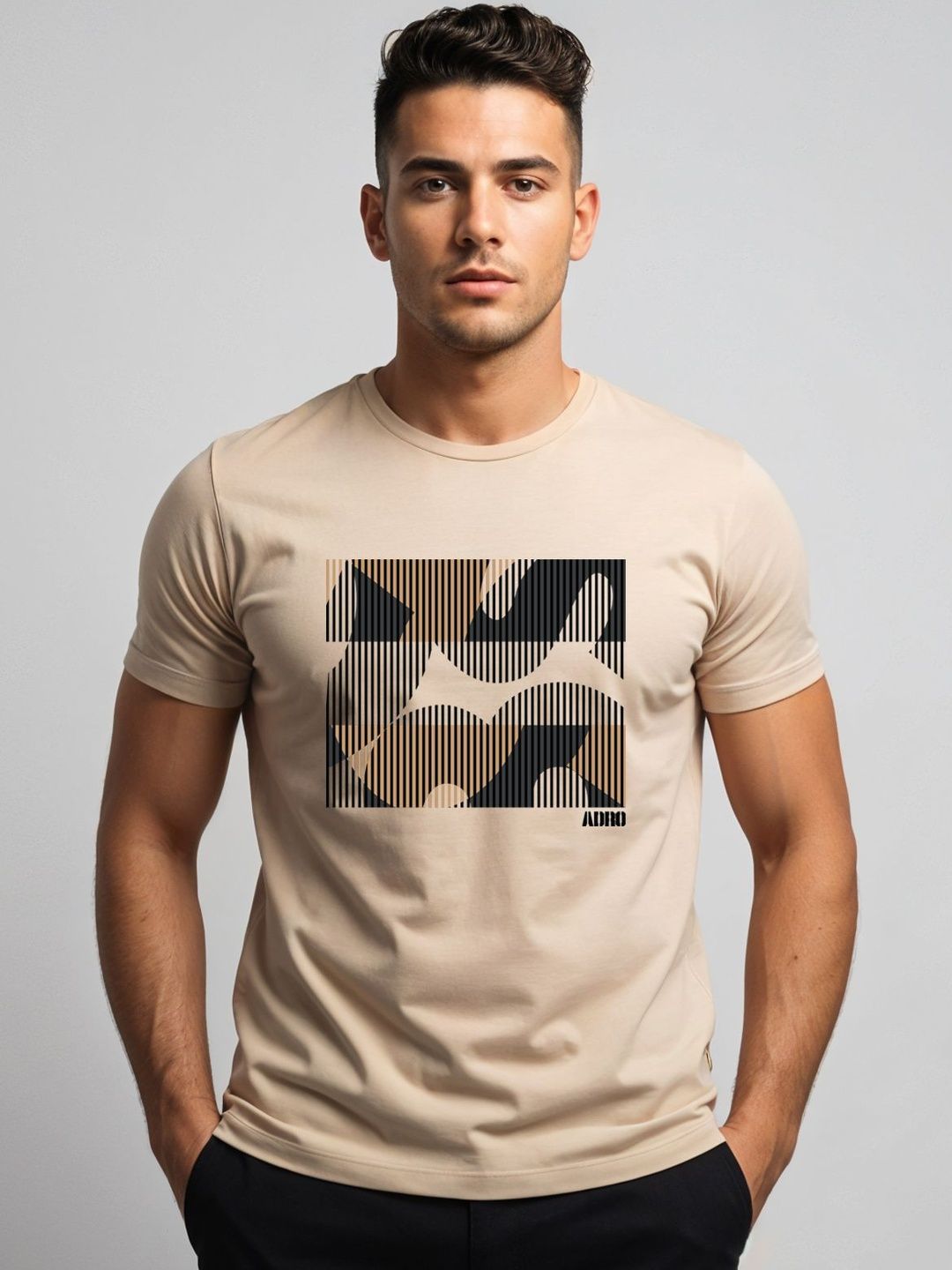 ADRO Geometrik Bercetak Leher Bulat Mesra Kulit T-shirt Fit Biasa